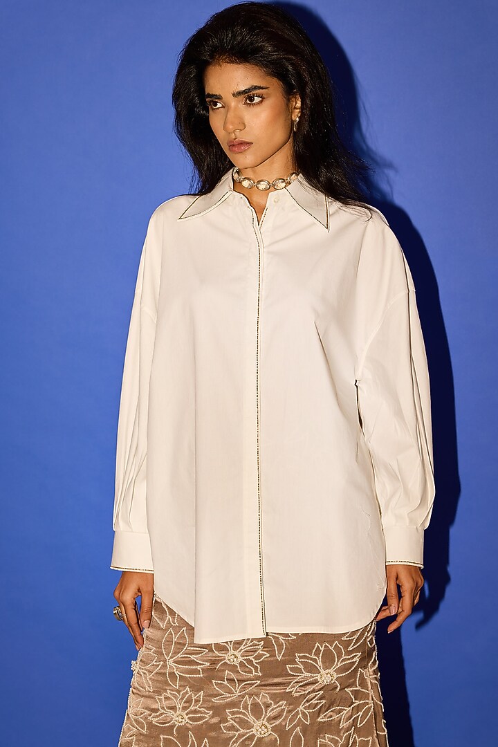 White Cotton Line Embroidered Shirt by Esha Arora at Pernia's Pop Up Shop
