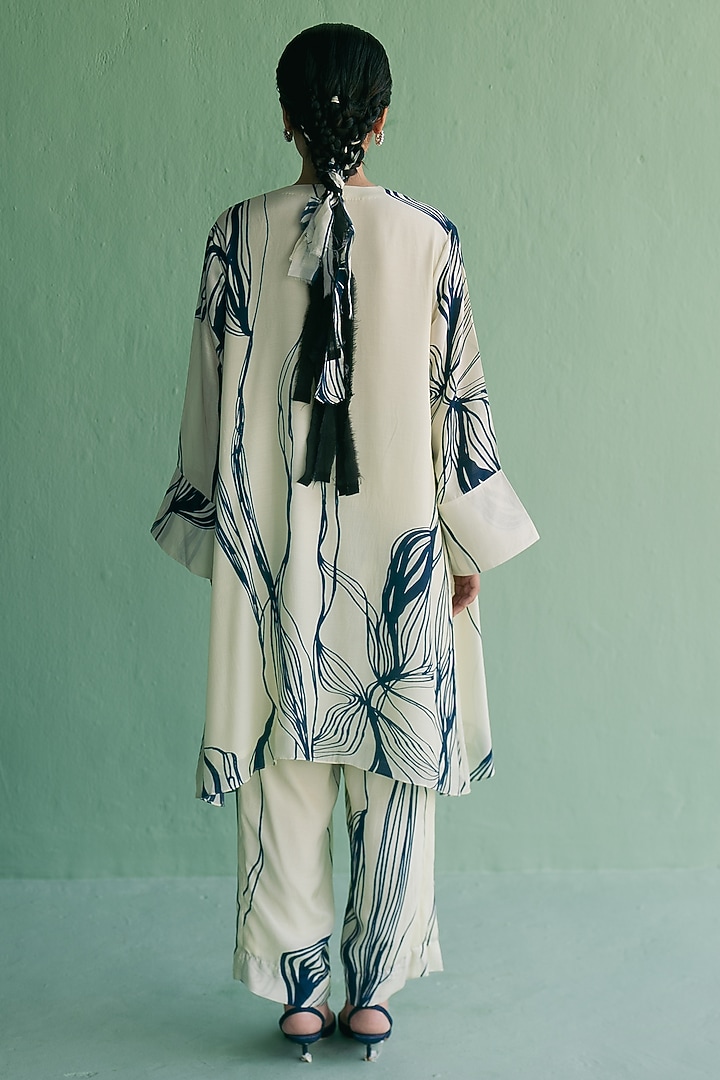 Ivory & Blue Cotton Silk Printed A-Line Kurta Set by Esha Arora at Pernia's Pop Up Shop