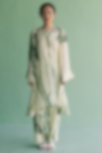 Ivory & Green Cotton Silk Printed A-Line Kurta Set by Esha Arora at Pernia's Pop Up Shop