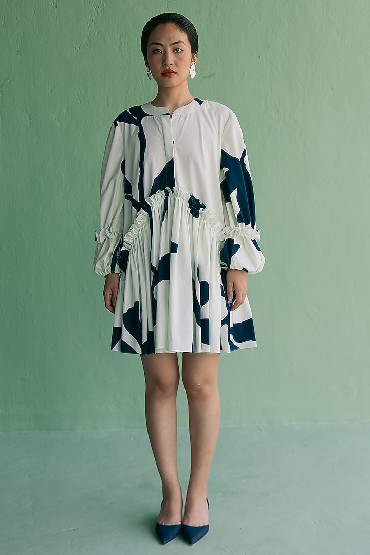 Ivory & Blue Organic Cotton Floral Printed Oversized Mini Summer Dress by Esha Arora at Pernia's Pop Up Shop