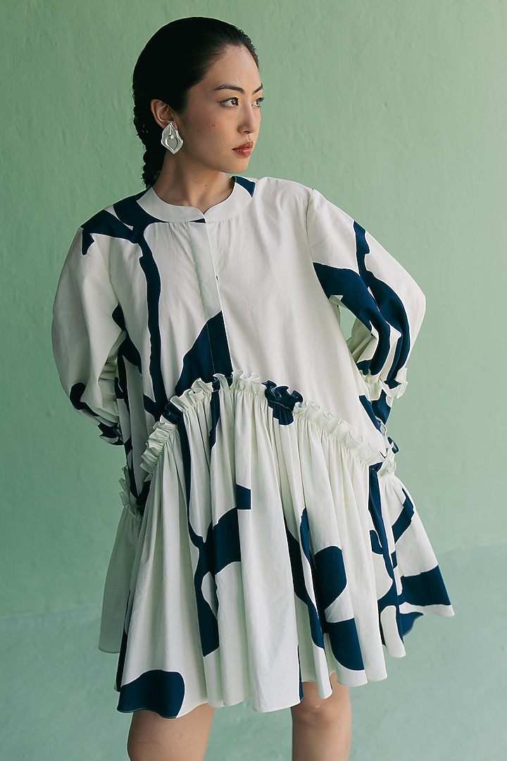 Ivory & Blue Organic Cotton Floral Printed Oversized Mini Summer Dress by Esha Arora at Pernia's Pop Up Shop
