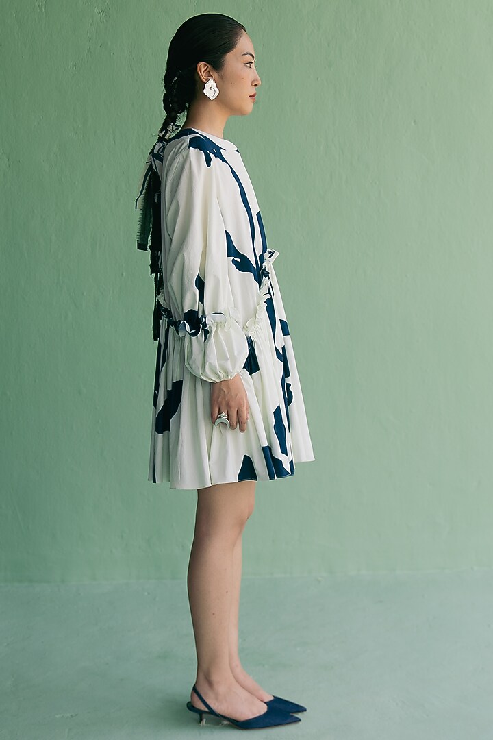 Ivory & Blue Organic Cotton Floral Printed Oversized Mini Summer Dress by Esha Arora at Pernia's Pop Up Shop