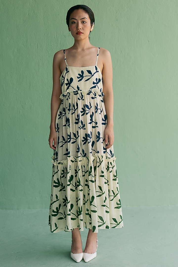 Ivory Organic Cotton Floral Printed Maxi Summer Dress by Esha Arora at Pernia's Pop Up Shop