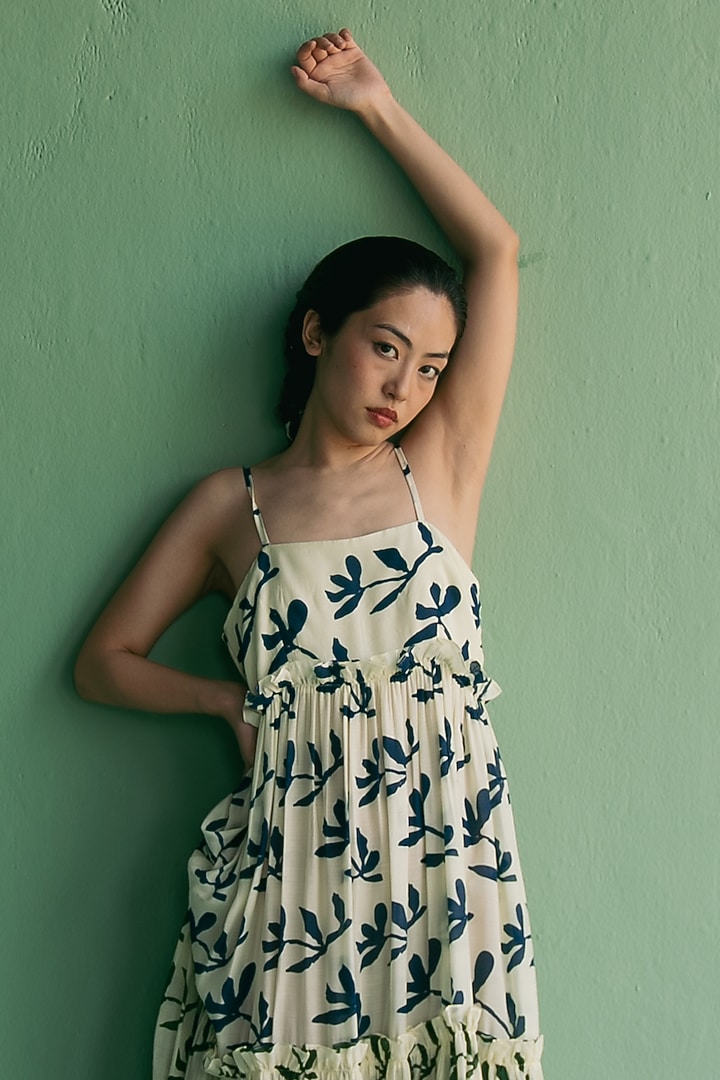 Ivory Organic Cotton Floral Printed Maxi Summer Dress by Esha Arora at Pernia's Pop Up Shop