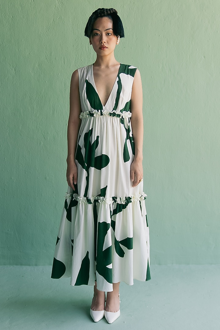 Ivory & Green Organic Cotton Floral Printed Maxi Summer Dress by Esha Arora at Pernia's Pop Up Shop