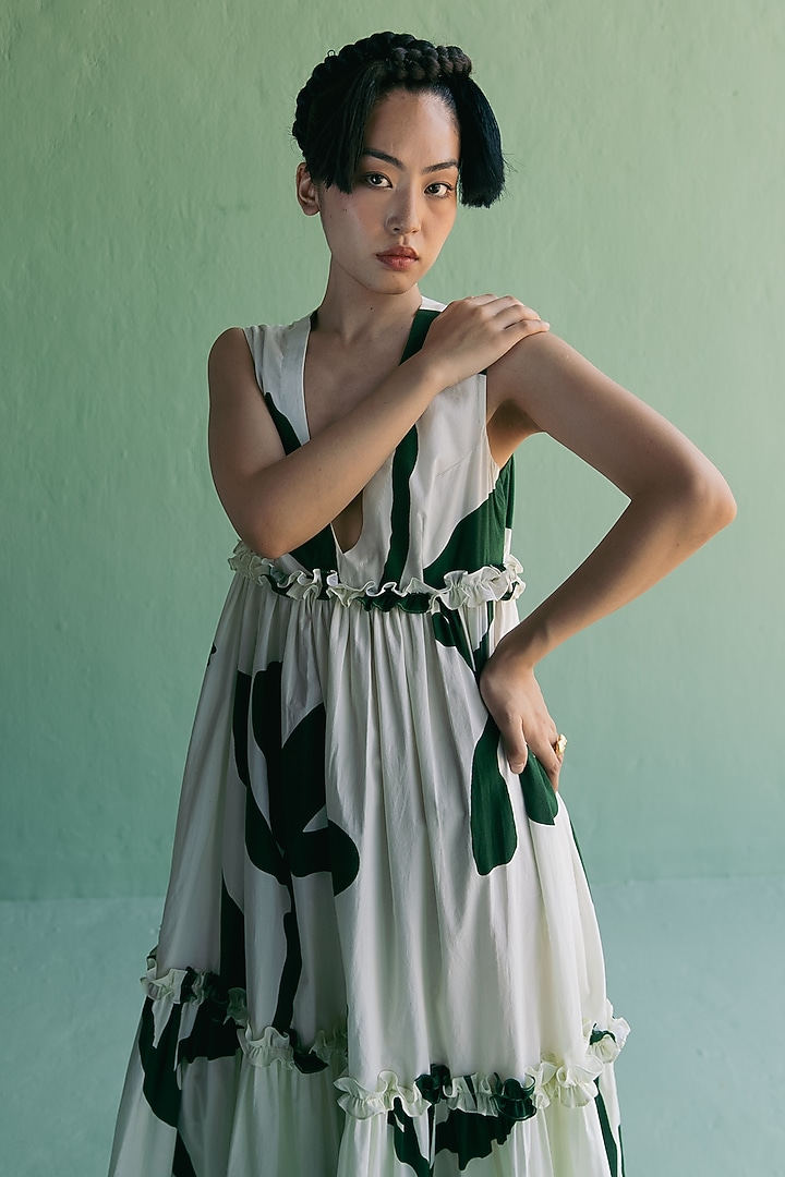 Ivory & Green Organic Cotton Floral Printed Maxi Summer Dress by Esha Arora at Pernia's Pop Up Shop