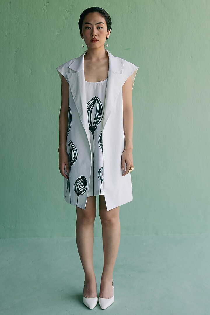 Ivory Cotton Printed A-Line Mini Summer Dress With Blazer by Esha Arora at Pernia's Pop Up Shop