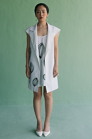 Ivory Cotton Printed A-Line Mini Dress With Blazer by Esha Arora