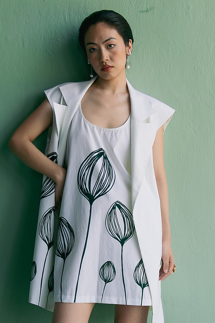 Ivory Cotton Printed A-Line Mini Summer Dress With Blazer by Esha Arora at Pernia's Pop Up Shop