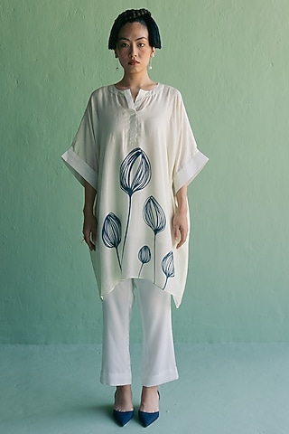 Ivory Cotton Silk Printed Kaftan Set by Esha Arora
