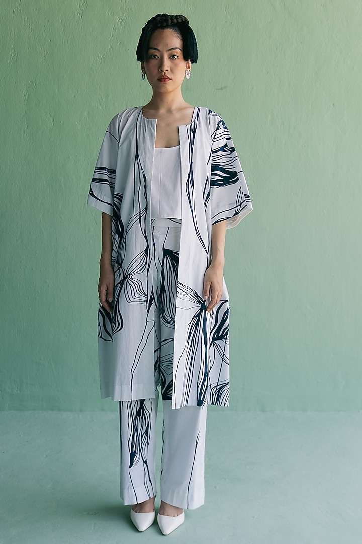 Ivory & Blue Cotton Printed Jacket Set by Esha Arora at Pernia's Pop Up Shop