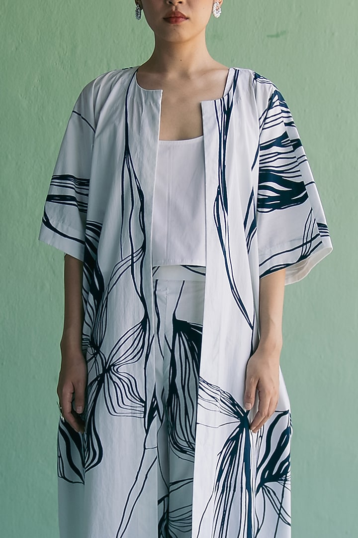 Ivory & Blue Cotton Printed Jacket Set by Esha Arora at Pernia's Pop Up Shop