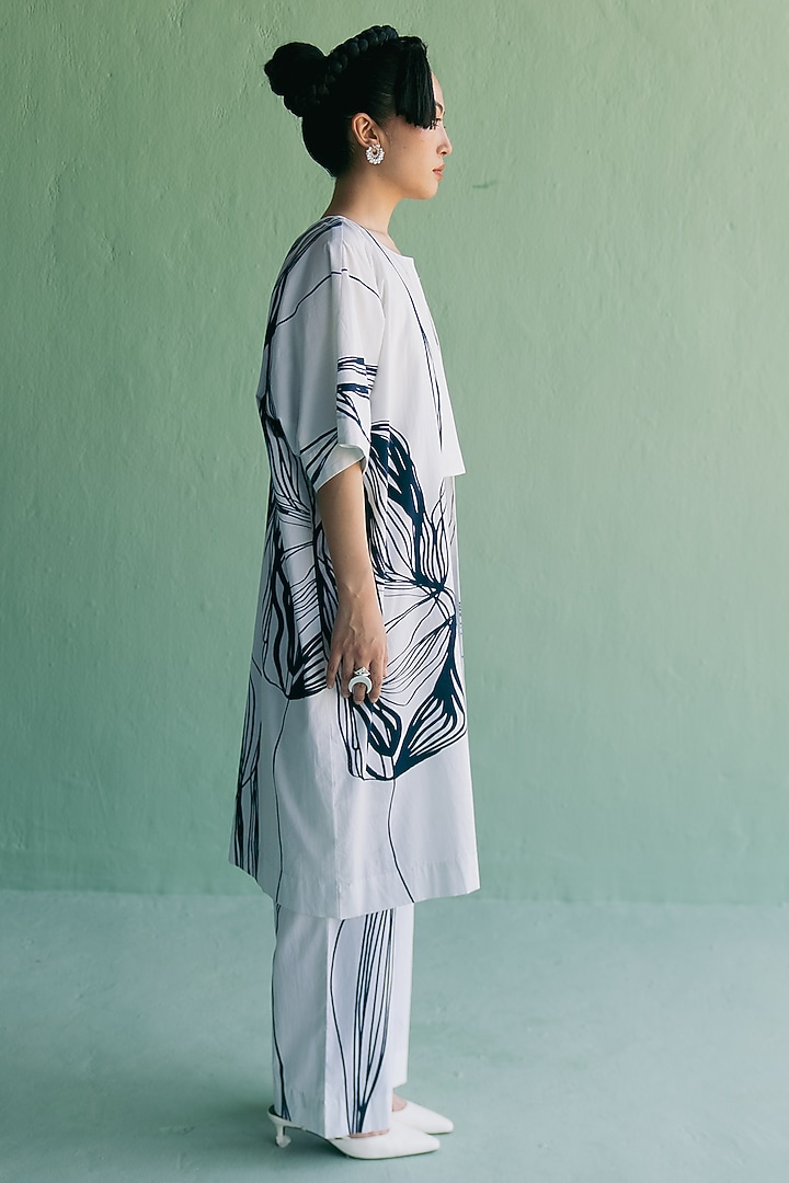 Ivory & Blue Cotton Printed Jacket Set by Esha Arora at Pernia's Pop Up Shop
