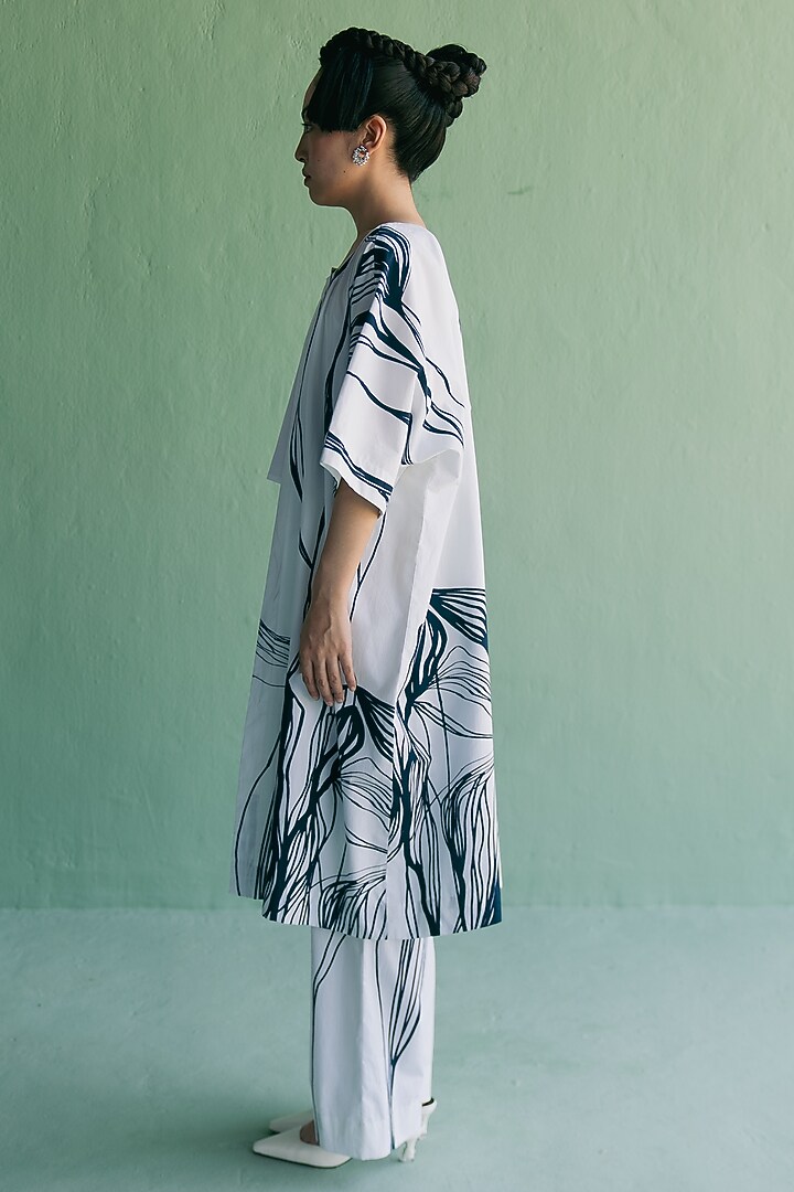 Ivory & Blue Cotton Printed Jacket Set by Esha Arora at Pernia's Pop Up Shop