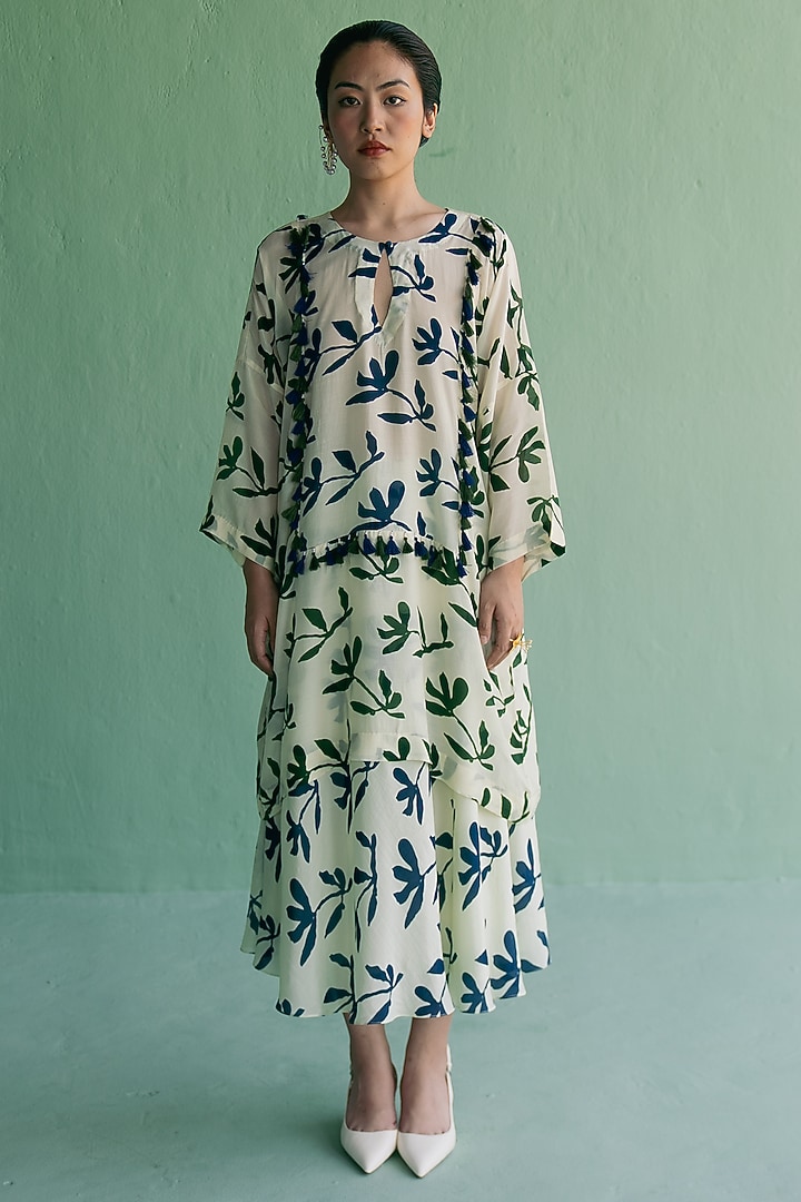 Ivory & Blue Cotton Silk Printed Co-Ord Set by Esha Arora at Pernia's Pop Up Shop