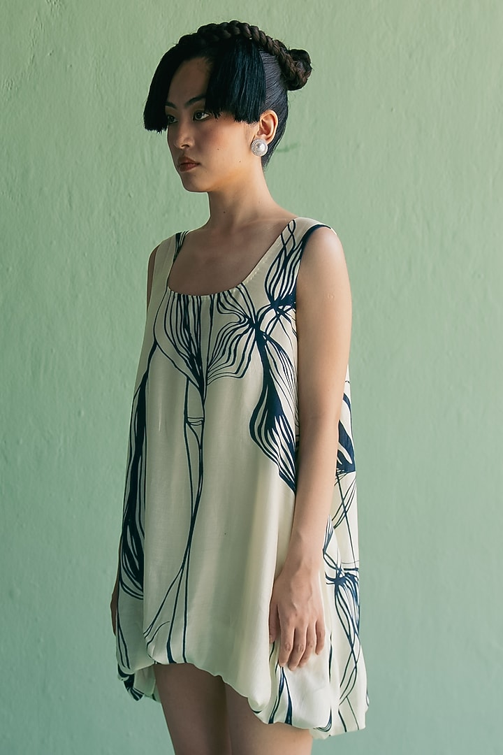 Ivory & Blue Cotton Silk Printed Oversized Balloon Summer Dress by Esha Arora at Pernia's Pop Up Shop