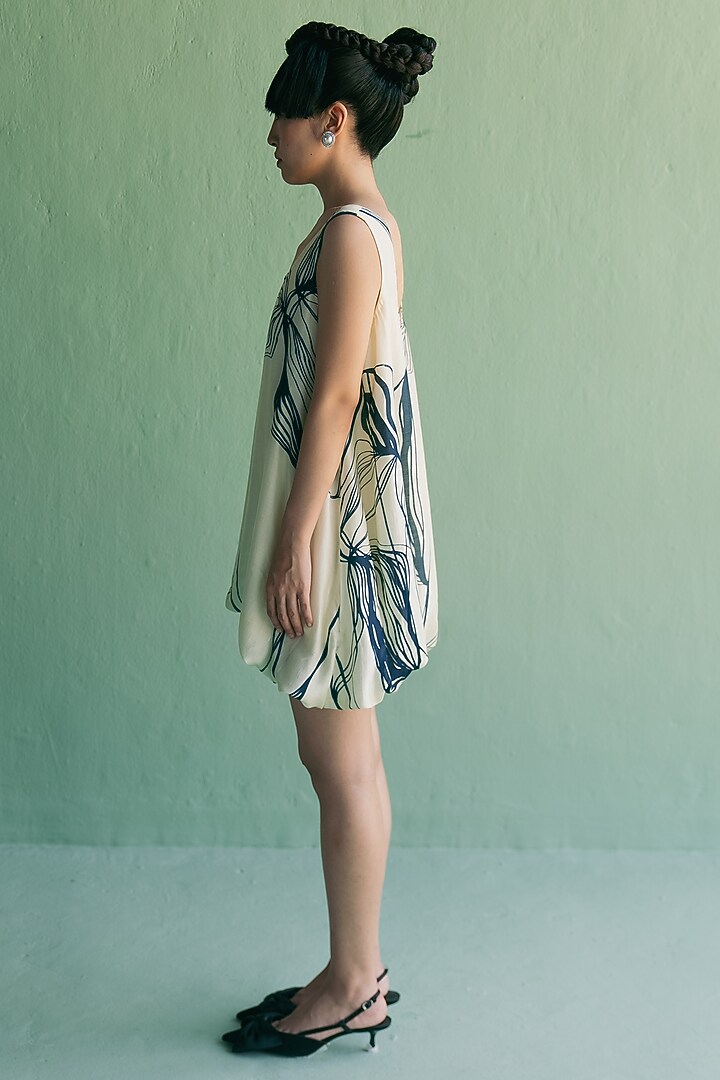 Ivory & Blue Cotton Silk Printed Oversized Balloon Summer Dress by Esha Arora at Pernia's Pop Up Shop