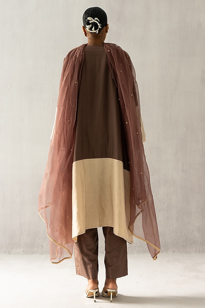 Brown Silk Pearl Motif Work Kurta Set by Esha Arora at Pernia's Pop Up Shop