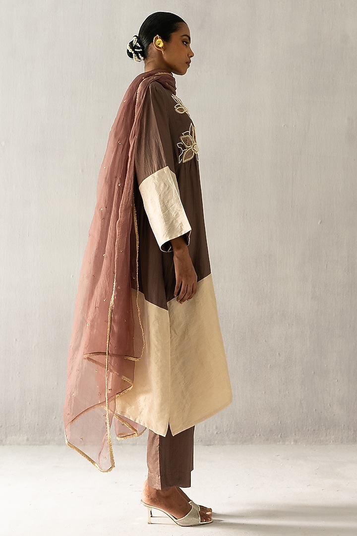 Brown Silk Pearl Motif Work Kurta Set by Esha Arora at Pernia's Pop Up Shop