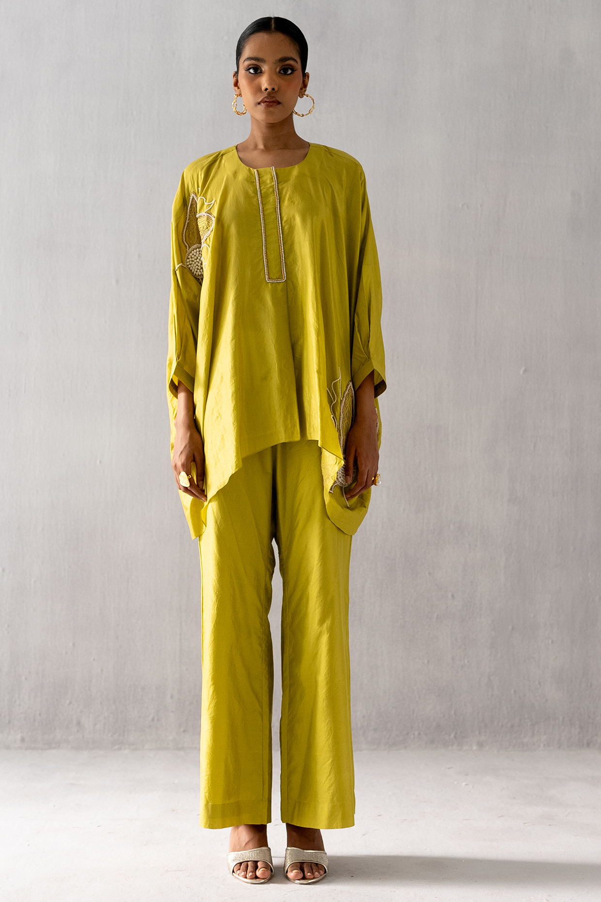 Lime Green Silk Pearl Work Kaftan Set by Esha Arora at Pernia's Pop Up Shop