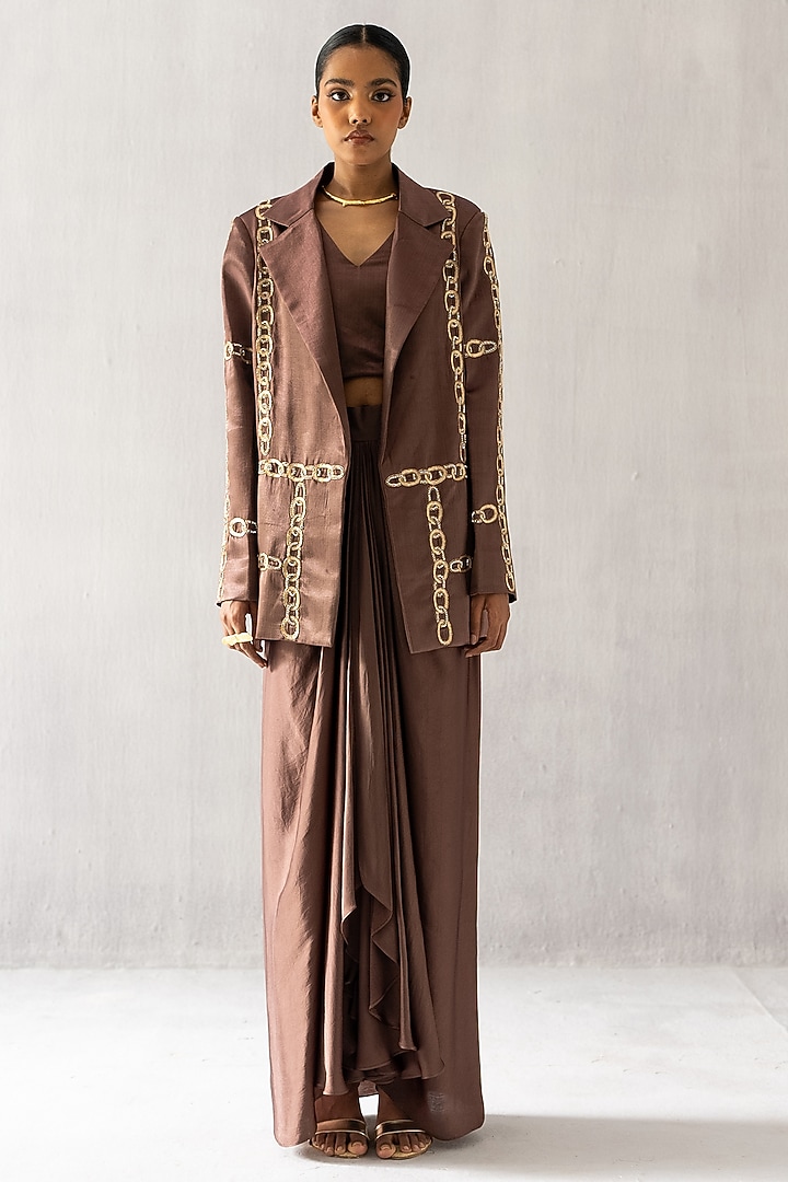Brown Cotton Satin Embroidered Blazer Set by Esha Arora at Pernia's Pop Up Shop
