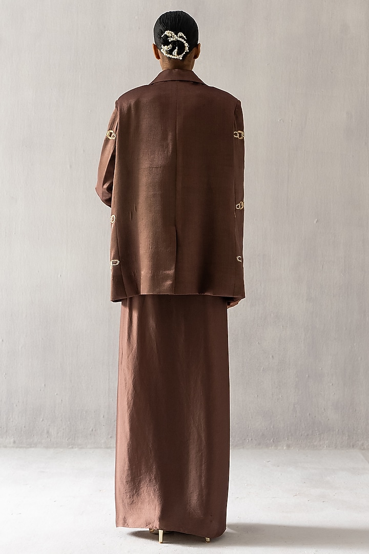 Brown Cotton Satin Embroidered Blazer Set by Esha Arora at Pernia's Pop Up Shop