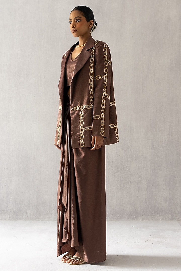 Brown Cotton Satin Embroidered Blazer Set by Esha Arora at Pernia's Pop Up Shop