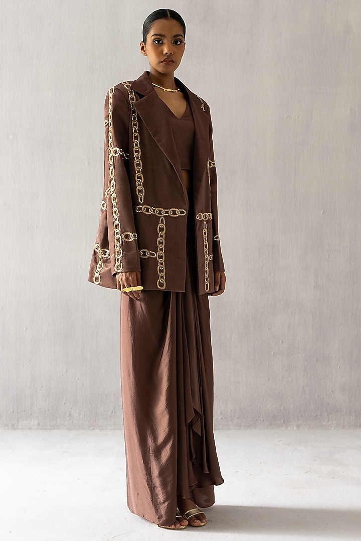 Brown Cotton Satin Embroidered Blazer Set by Esha Arora at Pernia's Pop Up Shop