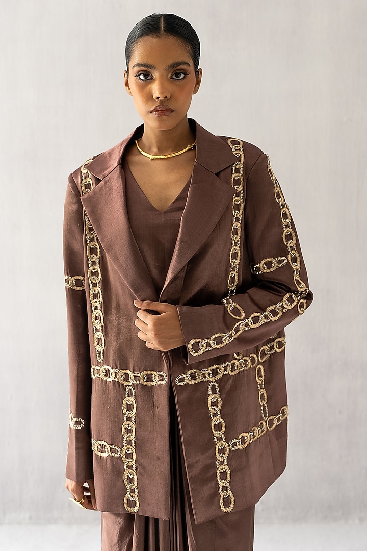 Brown Cotton Satin Embroidered Blazer Set by Esha Arora at Pernia's Pop Up Shop