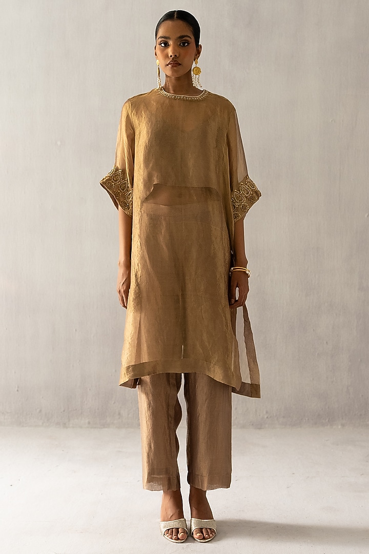 Bronze Organza Tissue Pearl & Dabka Work Kurta Set by Esha Arora at Pernia's Pop Up Shop