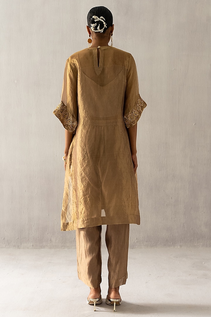 Bronze Organza Tissue Pearl & Dabka Work Kurta Set by Esha Arora at Pernia's Pop Up Shop