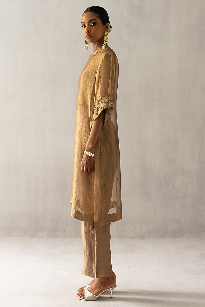 Bronze Organza Tissue Pearl & Dabka Work Kurta Set by Esha Arora at Pernia's Pop Up Shop