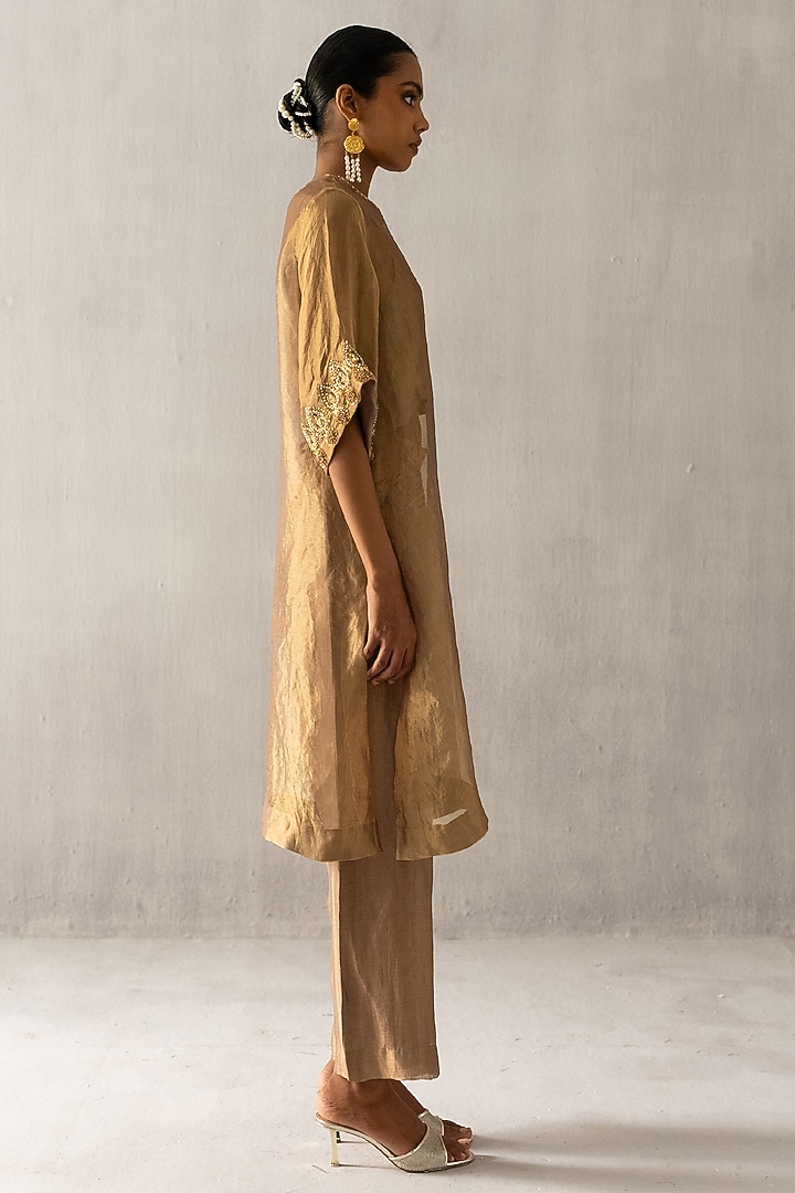 Bronze Organza Tissue Pearl & Dabka Work Kurta Set by Esha Arora at Pernia's Pop Up Shop