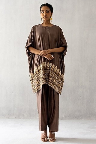 Brown Silk Pearl & Dabka Work Kaftan Set by Esha Arora