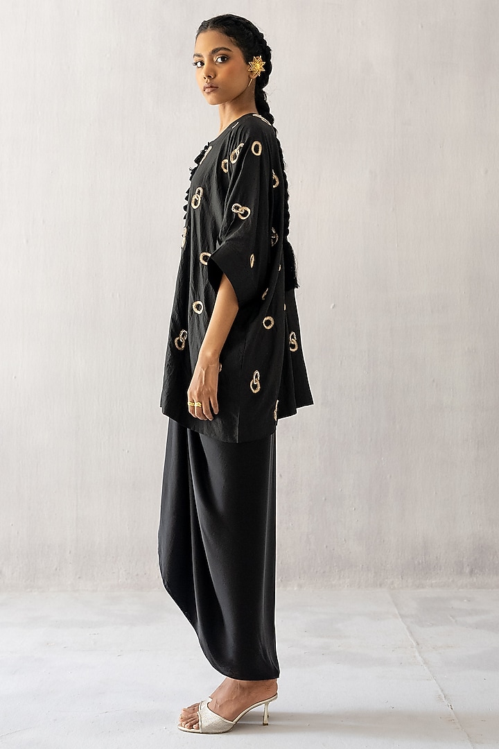 Black Silk Satin Embroidered Kaftan Set by Esha Arora at Pernia's Pop Up Shop