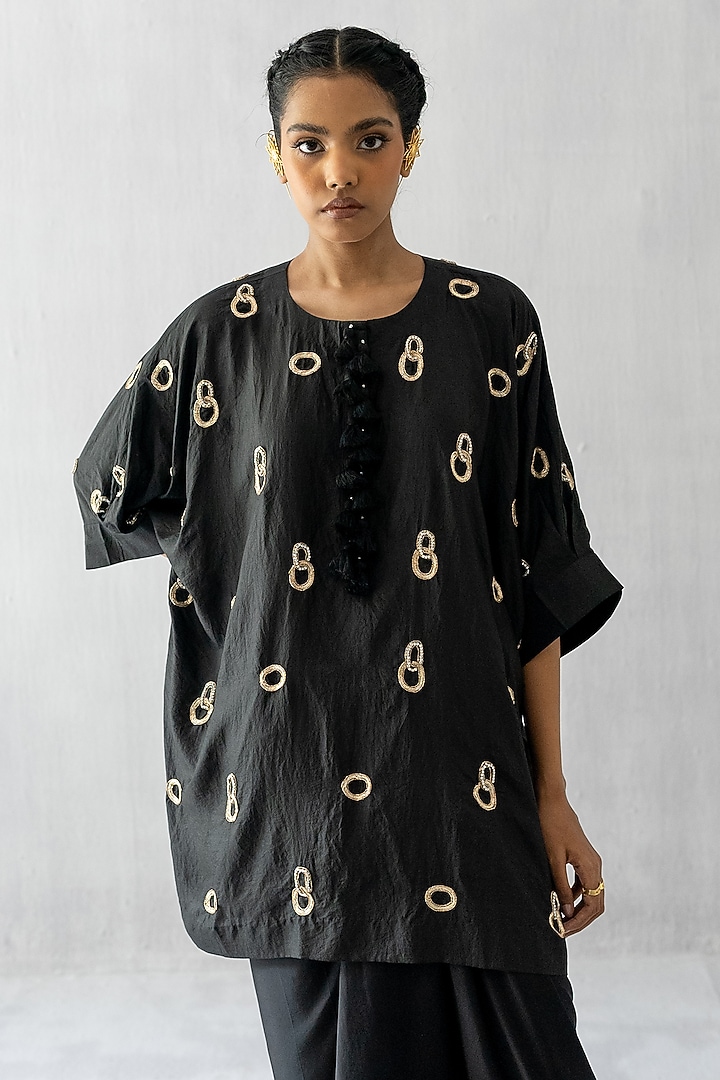 Black Silk Satin Embroidered Kaftan Set by Esha Arora at Pernia's Pop Up Shop