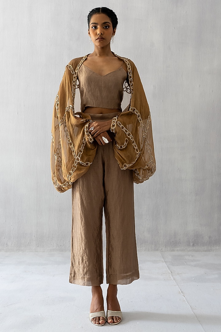 Gold Organza Tissue Pearl & Dabka Work Cape Set by Esha Arora at Pernia's Pop Up Shop