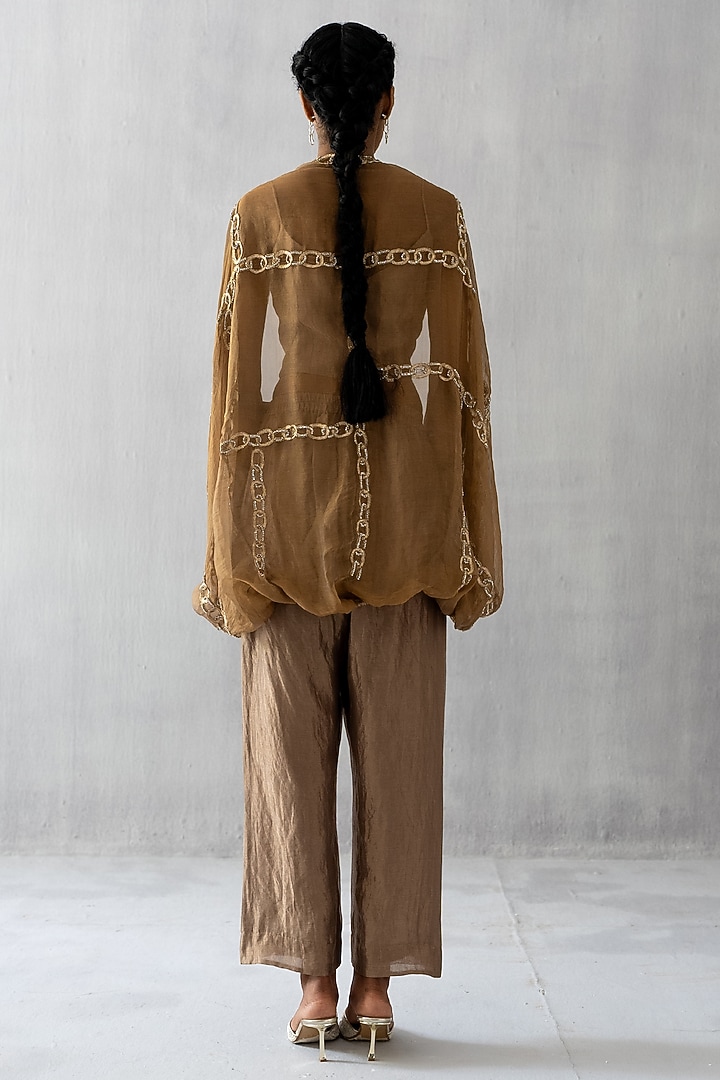 Gold Organza Tissue Pearl & Dabka Work Cape Set by Esha Arora at Pernia's Pop Up Shop