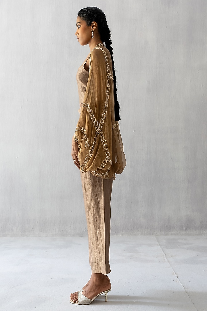 Gold Organza Tissue Pearl & Dabka Work Cape Set by Esha Arora at Pernia's Pop Up Shop