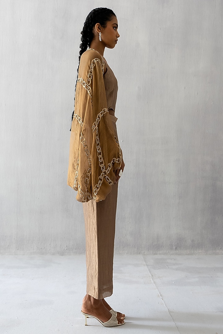 Gold Organza Tissue Pearl & Dabka Work Cape Set by Esha Arora at Pernia's Pop Up Shop