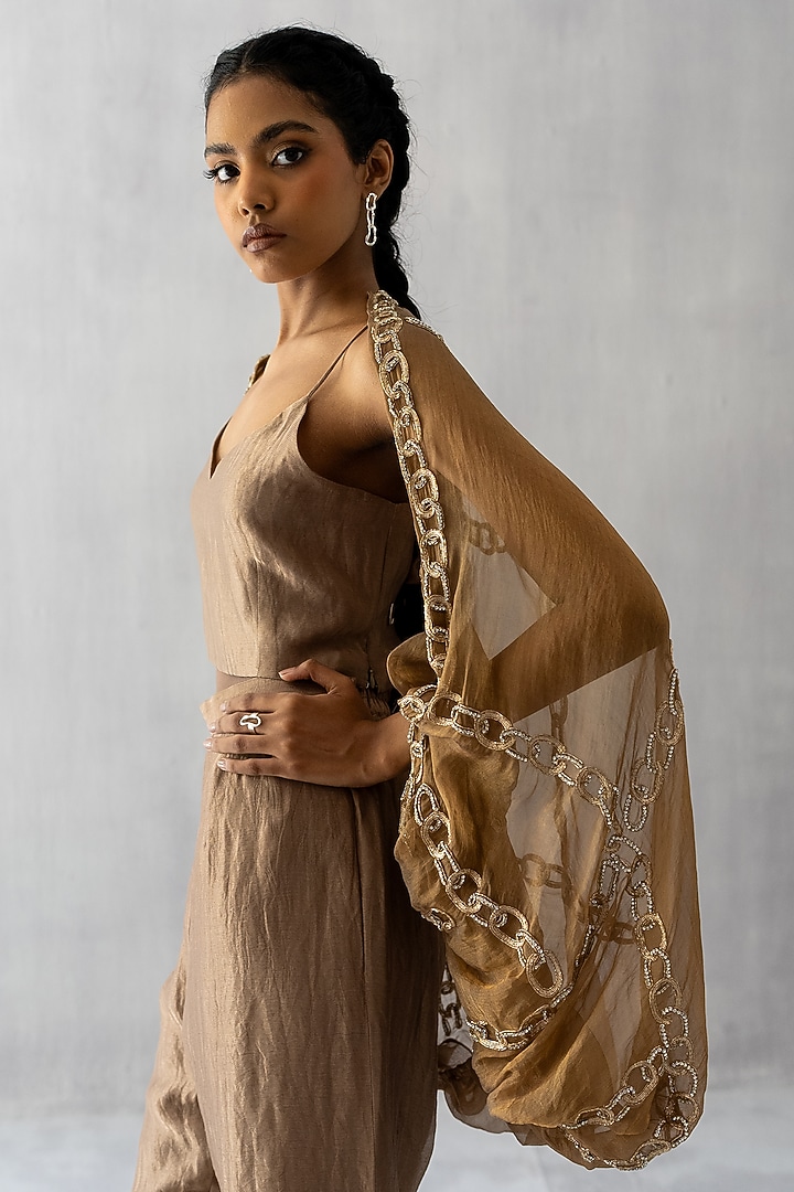 Gold Organza Tissue Pearl & Dabka Work Cape Set by Esha Arora at Pernia's Pop Up Shop