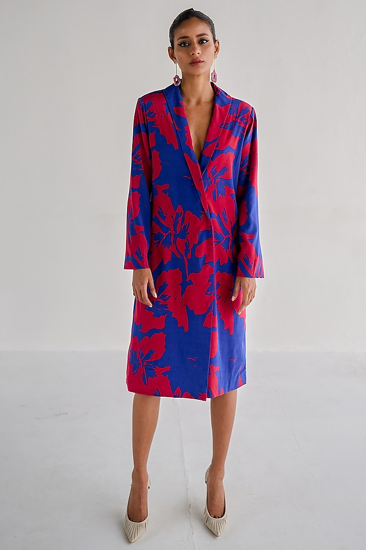 Blue Crepe Printed Jacket Dress by Esha Arora
