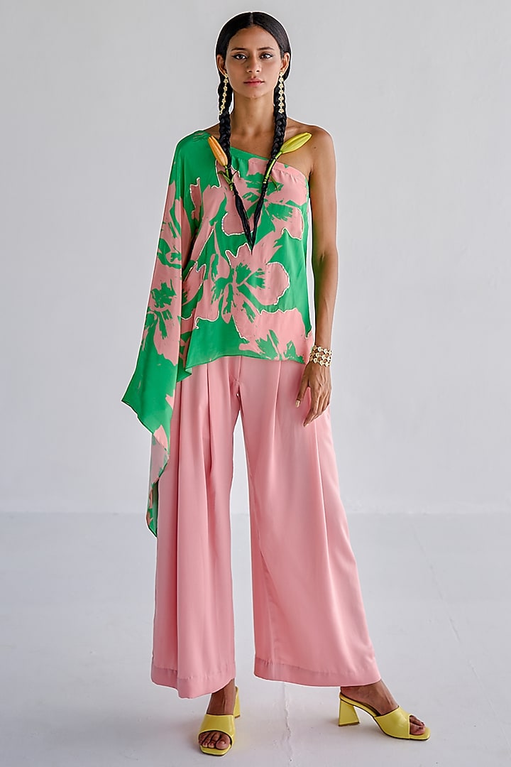 Green & Pink Crepe Printed Cape Set by Esha Arora at Pernia's Pop Up Shop