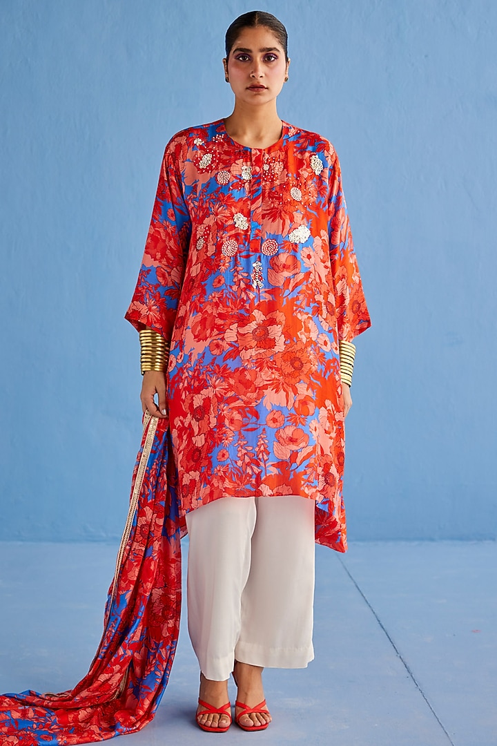 Red Cotton Silk & Cotton Satin Printed Kurta Set by Esha Arora at Pernia's Pop Up Shop