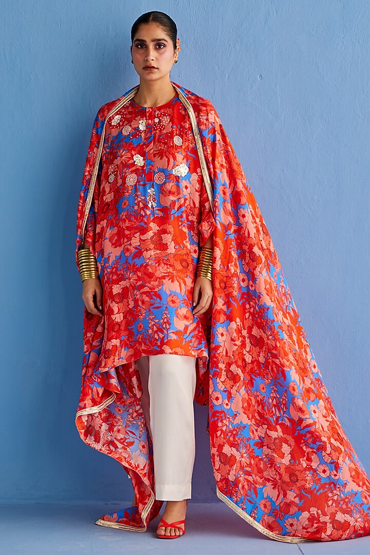 Red Cotton Silk & Cotton Satin Printed Kurta Set by Esha Arora at Pernia's Pop Up Shop