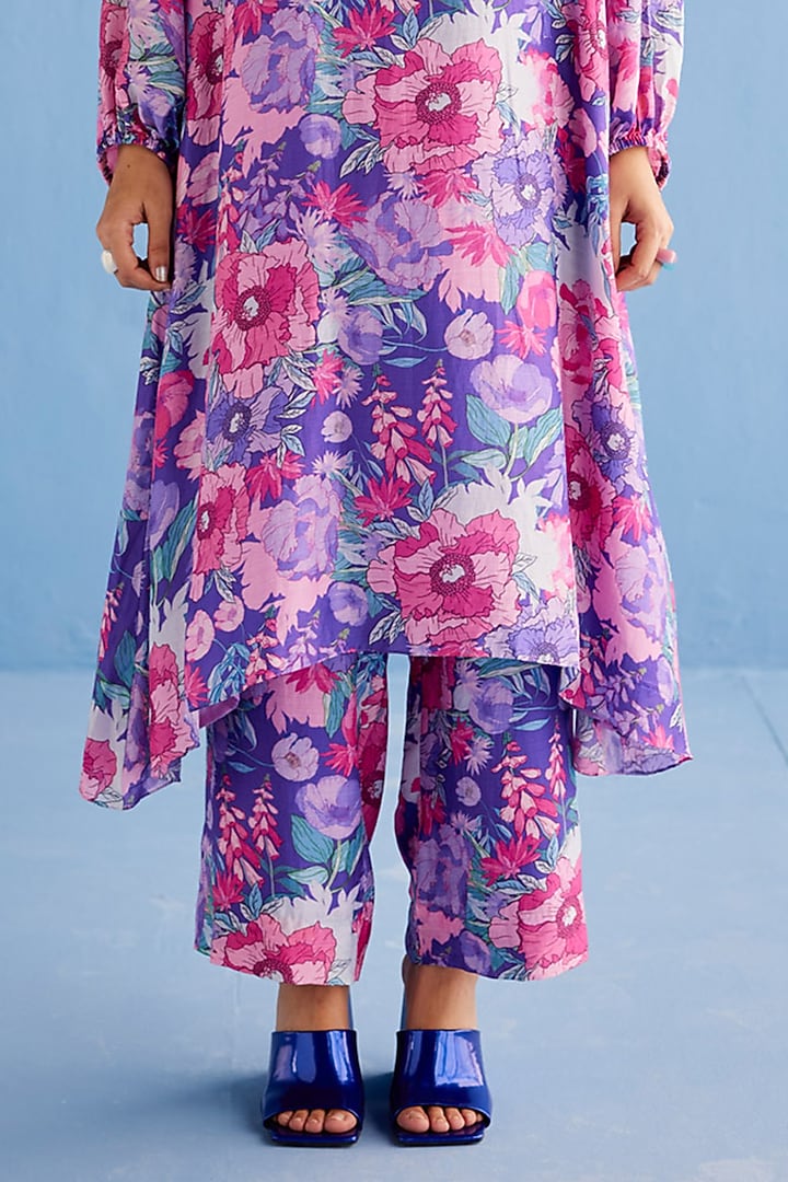 Purple Cotton Satin Printed Kurta Set by Esha Arora at Pernia's Pop Up Shop
