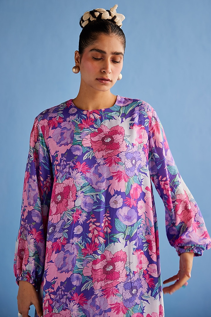 Purple Cotton Satin Printed Kurta Set by Esha Arora at Pernia's Pop Up Shop