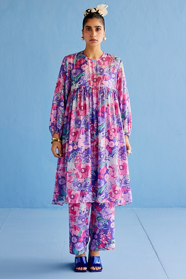 Purple Cotton Silk Printed Kurta Set by Esha Arora