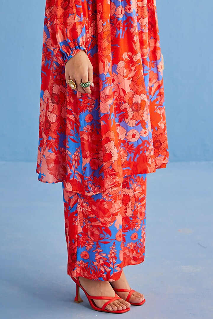 Red Cotton Silk Printed Kurta Set by Esha Arora at Pernia's Pop Up Shop