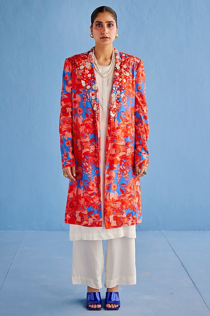 Red Silk Chanderi Printed Jacket Set by Esha Arora at Pernia's Pop Up Shop